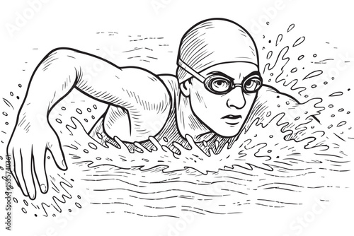 focused swimmer performing freestyle stroke Line art illustration, with water splashes, conveying strength and speed, ideal for swimming and sports designs
