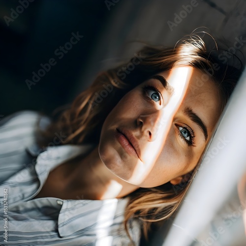 Woman with Light Beam on Face in Contemplative Mood