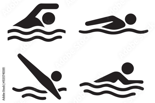Collection of swimming motion glyphs showcasing various strokes and swimming techniques, ideal for sports related designs, swimming lanes icon set