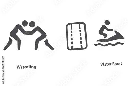 Collection of clean, simple sports icons featuring wrestling, swimming lanes, and water sports, perfect for activity and fitness themed graphics, swimming lanes icon set