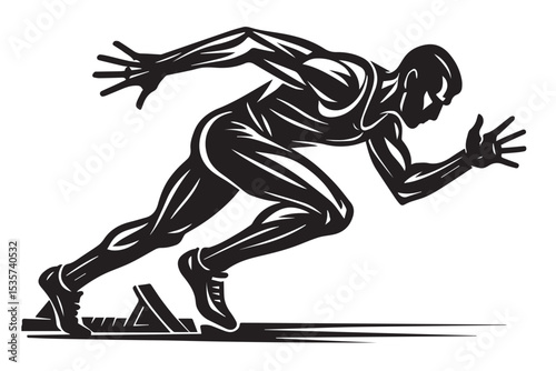 Stylized black and white illustration of a sprinter in starting position, displaying tension and athleticism, ready to race, dynamic and strong, sprinters tension