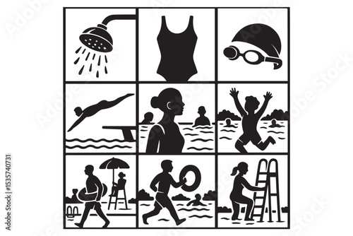 poolside comic style illustrations depicting various water related activities such as swimming, diving, and lifeguard, perfect for aquatic themed designs