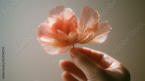 Hand holding velvet petal close-up on light background, soft and tender atmosphere