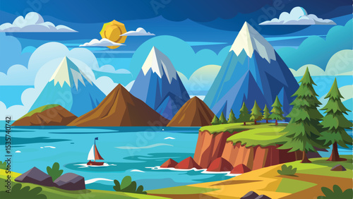 Cartoon Seascape with Mountains, Sailing Boat, Evergreen Trees, and Cliffs during the Daytime