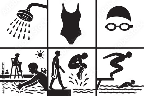 poolside scenes with activities like swimming, diving, lounging, and lifeguarding, ideal for beach or pool themed graphic projects