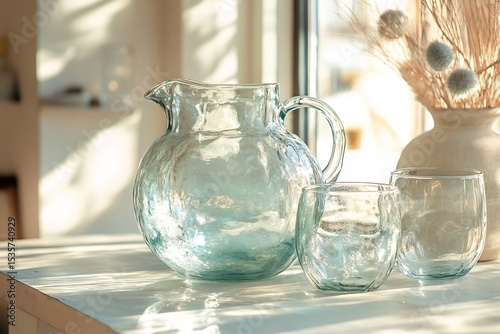 Whimsical glass pitchers matching water glasses displayed by a sunny window light and airy feel no labelling no logo no human