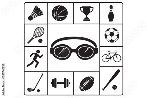 Dynamic grid of sports icons featuring various activities such as cycling, basketball, swimming, and football, ideal for active lifestyle designs, chaotic sports icons grid