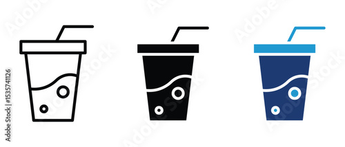 Set of Soft drink glass icon in outline , silhouette and glyph style , stock vector