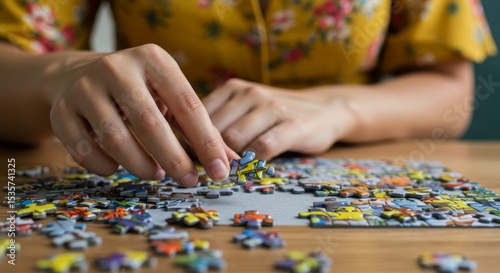 Woman Solving Colorful Jigsaw Puzzle - Close-up of hands carefully placing puzzle pieces, showcasing focus and concentration during a leisure activity