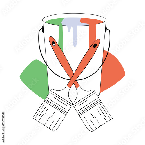 Open paint bucket displaying green, blue, and orange paint rests behind crossed paintbrushes