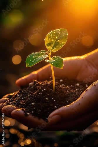 Hands holding young plant in soil with sunlight - symbol of growth, nature, and sustainability