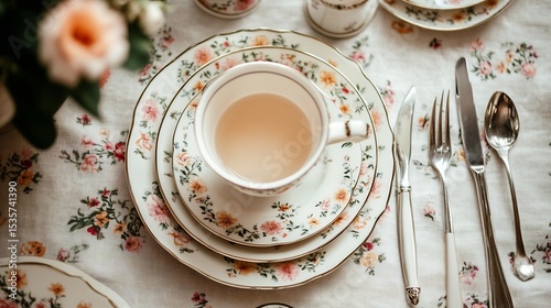 Vintage cutlery bone china tea set with delicate floral designs pastel tones no labelling no logo no human
