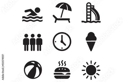 Set of Summer Pool Activity Icons Featuring Swimming, Beach, Ice Cream, and Fun Water Games in Black and WhitePerfect for Pool or Beach Themes Swimming Lanes Icon Set