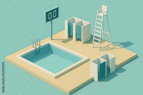 Minimalist Design of a Swimming Pool with Changing Rooms, Lifeguard Chair, and Scoreboard, Representing Aquatic Sports and Leisure in a Modern Architectural Style Swimming Lanes Icon Set