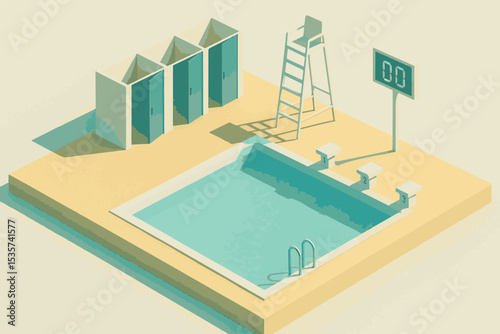 Modern Swimming Pool with Minimalist Architecture Including Changing Rooms, Lifeguard Stand, and Swim Lanes in a Tranquil Aquatic Environment Swimming Lanes Icon Set