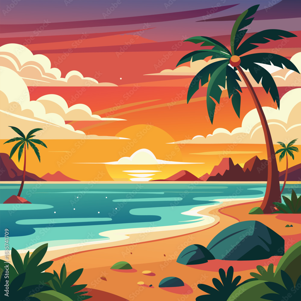 Fototapeta premium tropical beach with palm trees and sun