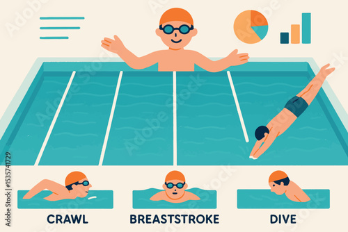 Illustration of Swimmers Performing Different Swimming Strokes in a Pool, Including Crawl, Breaststroke, and Dive with Performance Graph and Statistics Swimming Lanes Icon Set