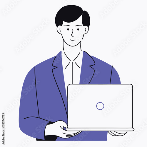 Young, darkhaired man in blazer attentively holds laptop and smiles slightly