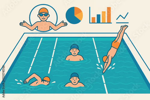 Swimmers in Action Depiction of Various Swimming Styles in a Pool with Performance Data and Diving Techniques, Perfect for Fitness and Aquatic Sports Swimming Lanes Icon Set