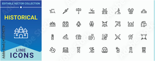 Historical icon set. Pack of war, ancient, history, old, antique, vintage and more. Medieval icon collection. Minimalist icons collection. Vector illustration. Pixel perfect.