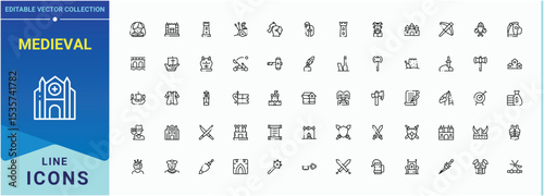 Medieval simple icon set. Minimalist icons collection. Editable vector illustration. Vintage icon pack. Pack of war, historical, vintage, antique and more.