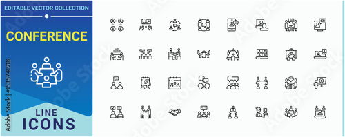 Conference line icon set. Pictograms of talk, communication, training, business, agenda, team and more. Meeting line icon set. Minimal linear icons. Pixel perfect. Editable vector.