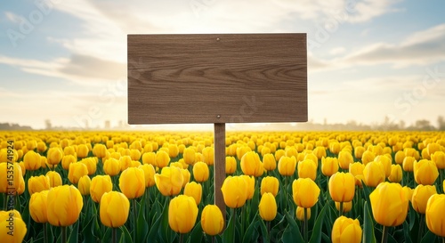 Wooden Sign in Tulip Field - A blank wooden sign stands in a field of vibrant yellow tulips under a bright sky. Perfect for spring, nature, or announcement themes