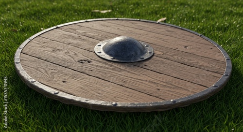 Wooden Round Shield on Grass - A rustic wooden round shield with a metal boss rests on green grass. Medieval, historical, protection