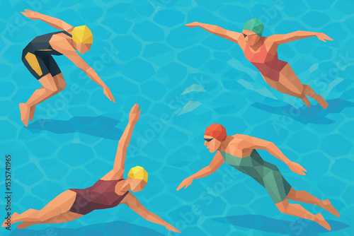 Stylized Low Poly Swimmers in Various Poses and Strokes, Swimming in a Pool with Polygonal DesignPerfect for Sports, Fitness, and Water Activities
