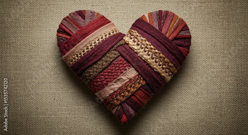 Woven Heart of Love - A handcrafted heart made from interwoven fabric strips in rich burgundy, maroon, and beige tones. A symbol of love and affection