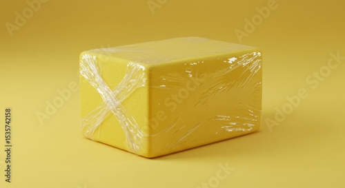 Wrapped Yellow Package - A yellow package wrapped in clear plastic film sits on a yellow background. Simple, clean perfect for shipping, delivery, or packaging concepts