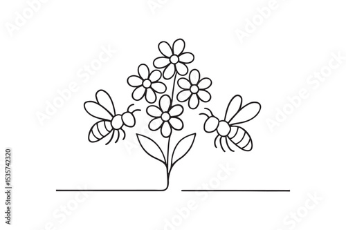 Bees with Flower Cluster continuous one line drawing minimalism design