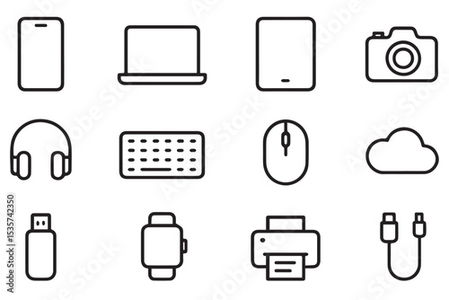 Digital device icons including phone, laptop, tablet, headphones, camera, and more, ideal for technology and online services, icon set
