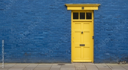 Yellow Door Blue Brick Wall - A vibrant yellow door stands out against a deep blue brick wall background. Simple, striking