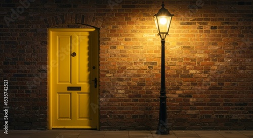 Yellow Door Night Scene - A yellow door stands out against a brick wall at night, illuminated by a nearby lamppost. The scene is peaceful and slightly mysterious