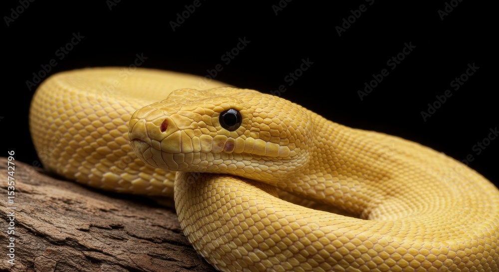 Fototapeta premium Yellow Snake on Wood - Close-up of a yellow snake coiled on a piece of wood against a black background