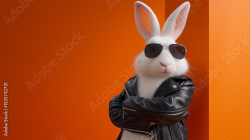 Cool Rabbit with Leather Jacket and Sunglasses against Orange Backdrop