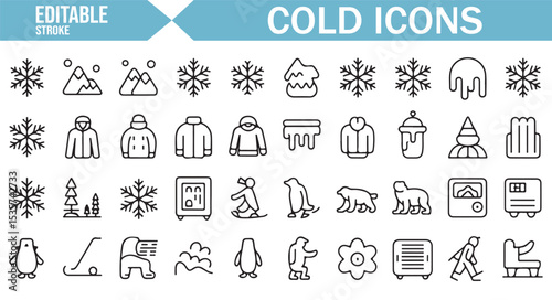 Editable icons for snow-covered landscapes, cold temperatures, and winter gear.