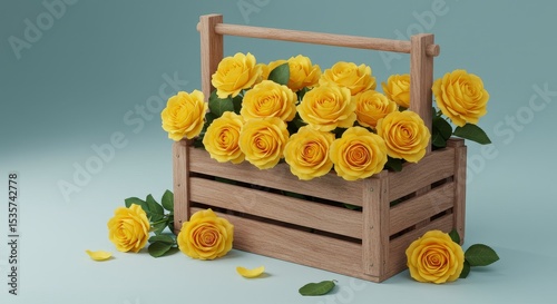 Yellow Roses in Wooden Crate - A wooden crate overflowing with vibrant yellow roses sits on a light blue background. Perfect for spring or summer themes