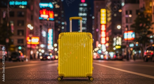 Yellow Suitcase on City Street at Night - A vibrant yellow suitcase stands alone on a city street at night, with blurred city lights in the background. It evokes a sense of travel and adventure