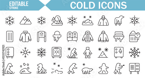 Set of editable icons for freezing weather, snowflakes, and ice-related items.