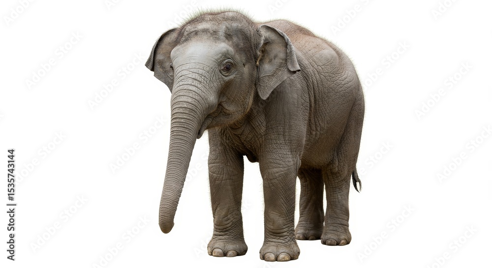 Obraz premium Young Asian Elephant on White Background - Adorable young Asian elephant standing on a white background. Perfect for educational materials or presentations about wildlife