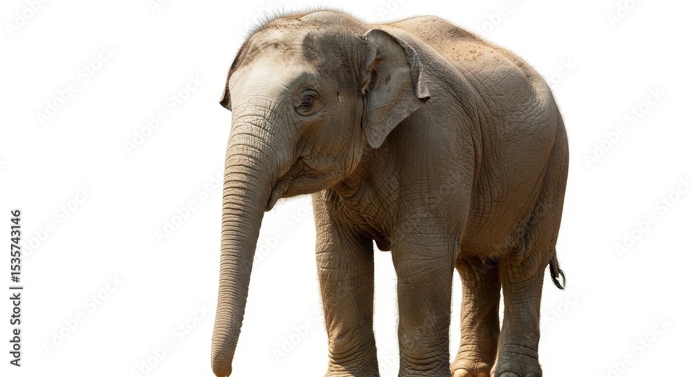 Obraz premium Young Asian Elephant on White Background - A young Asian elephant stands against a bright white background. Its skin is textured and its trunk is long