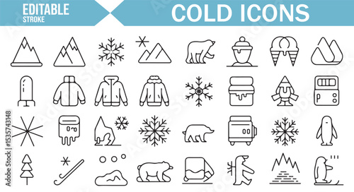 Set of icons for winter, ice, snowflakes, and cold-related elements in editable format.