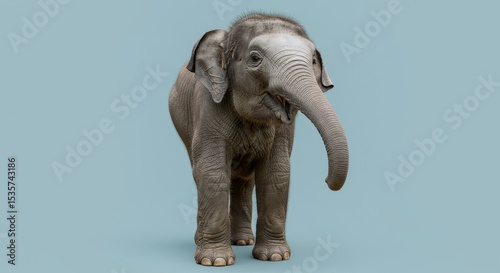 Young Asian Elephant Portrait - A young Asian elephant stands against a light blue background. It looks directly at the camera