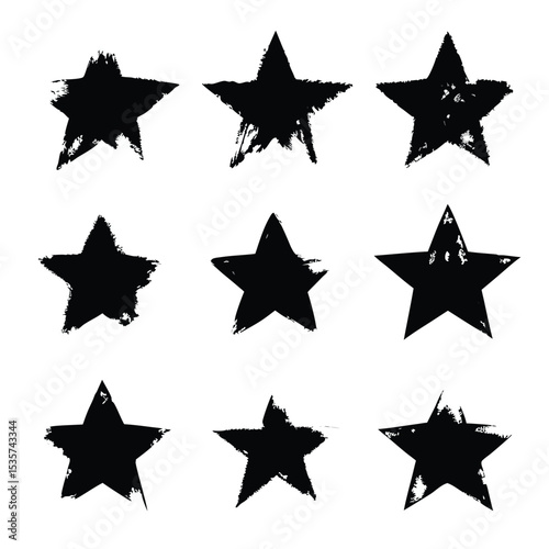 Nine black star shapes show varied textured grunge designs on a white surface