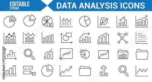 Icons for data analytics, market trends, and performance reports in editable format.