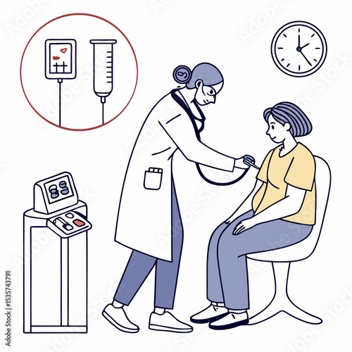 Doctor and patient in hospital. Health check up and Medical Line Icons. Editable Stroke Vector Icons Collection.