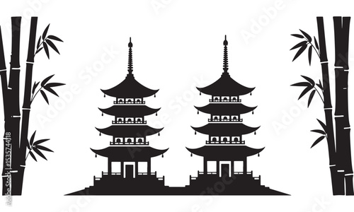 Traditional Asian temple silhouette. Oriental pagoda architecture flanked by bamboo trees in symmetrical silhouette composition