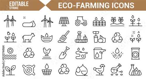 Editable icons for farming equipment, organic plants, and rural life in eco-friendly design.